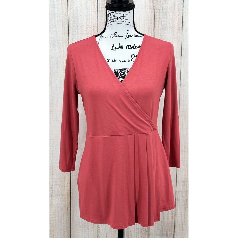 J Jill Wrap Blouse Size XS Petite Wearever Collection 3/4 Sleeves Coral Pink NWT